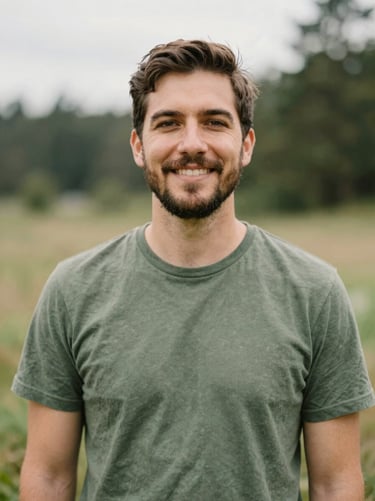 Candid environmental portrait of a male community organizer outdoors, soft overcast light, earthy green tones
