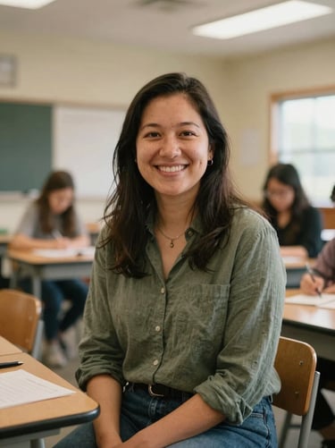 Candid portrait of a female educator smiling in a warm community center classroom, soft natural lighting