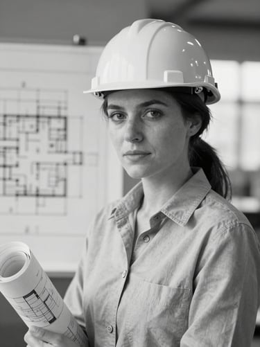 Textured black and white portrait of a female structural engineer, clean lines of architectural blueprints in the soft-focus background, warm natural light.