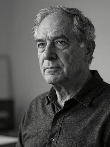 Textured black and white portrait of a senior male architect in a minimalist studio, dramatic side lighting highlighting facial features, looking thoughtfully off-camera.