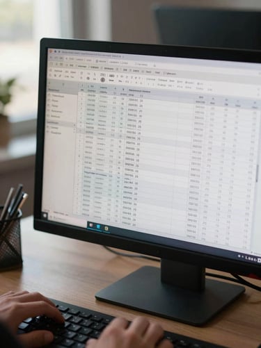 Close overhead shot of a desk monitor displaying a segmented lead list spreadsheet, columns showing vertical tags and geography codes, office daylight from a window to the left, hands on keyboard partially visible at bottom