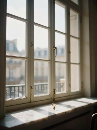 Soft natural Parisian daylight filtering through classic tall windows onto a marble mantelpiece with a single brass key ring, elegant editorial composition.