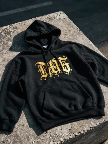 Dramatic high-contrast shot of a premium black heavyweight cotton hoodie with a vibrant gold street-art graphic on the chest, draped over a raw concrete slab