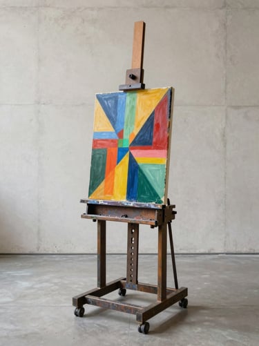 A finished artwork displayed on a heavy-duty industrial metal easel. The painting is bold and colorful, contrasting against the monochromatic off-white concrete background of a International / Urban Art Scene gallery. Wide open whitespace surrounds the piece.