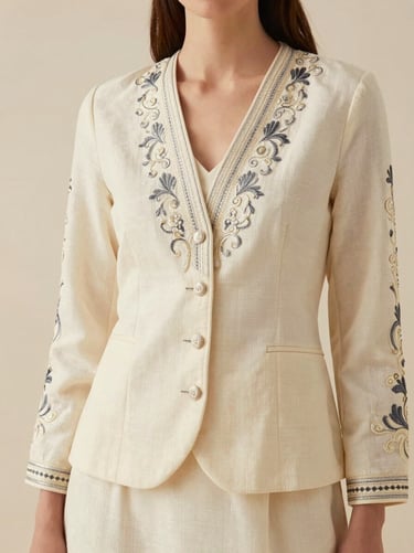 Editorial fashion photography of a woman wearing a structured, elegant 3-piece embroidered suit in warm cream tones, soft natural studio light, medium format