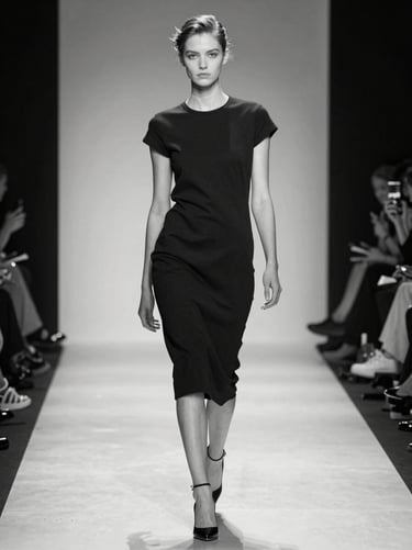 Runway walk action shot, sharp focus, minimalist high-fashion runway background