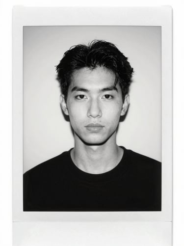 Clean studio digital polaroid portrait, raw unedited lighting, stark white background