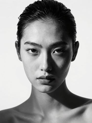 Beauty close-up portrait, high-contrast dramatic studio lighting, sharp focus