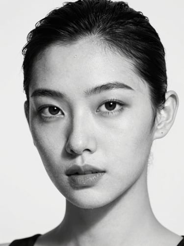 Commercial beauty campaign portrait, clean studio lighting, high-contrast