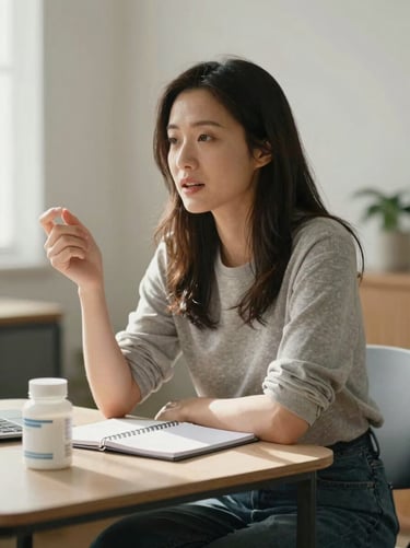 Medium shot of a woman speaking naturally while seated at a small table with a notepad and supplement bottle in front of her, soft north-facing daylight, relaxed posture, real home-office setting, no posed styling
