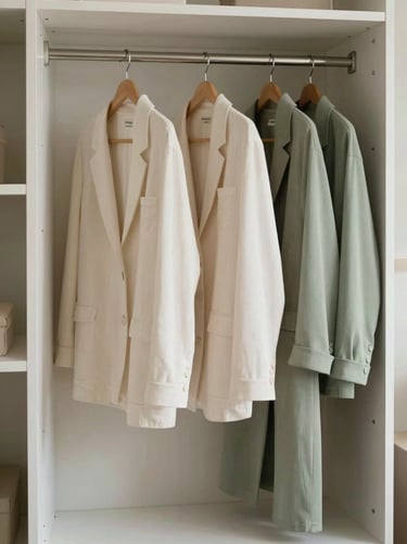 A serene and minimalist walk-in wardrobe in a North American / Western European home, featuring a curated collection of clothes in soft off-white and muted sage green. The scene is calm, clean, and inspiring.