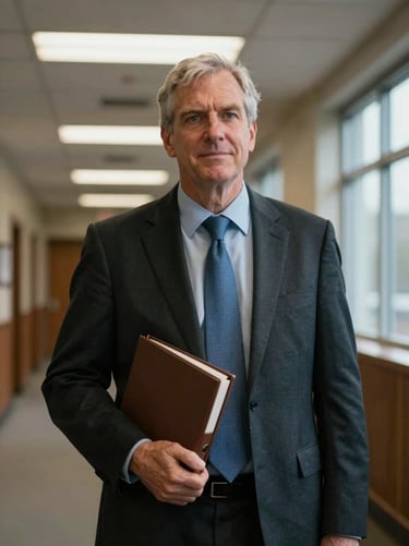 Environmental portrait of James Rourke, a seasoned male attorney, standing in a courthouse corridor with ambient fluorescent and window light, case binder at his side, shot from a low angle looking up toward him, no posed smile