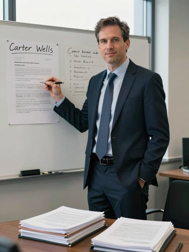 Environmental portrait of Carter Wells, a male business attorney in his late thirties, standing beside a whiteboard with handwritten contract notes, office window light behind him, stack of bound agreements on a table in the foreground, wide shot
