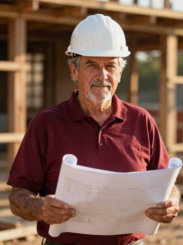 Professional portrait of an older male construction founder in a hardhat over blueprints, warm Mississippi sunlight, 35mm lens.