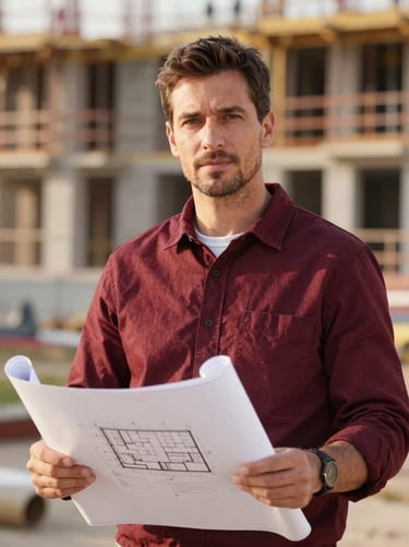 Professional portrait of a mid-30s male site manager holding architectural plans, active construction background, soft depth of field.