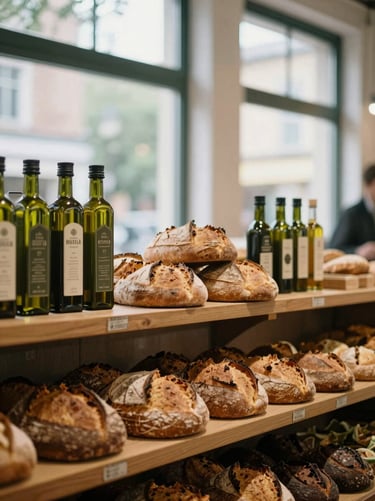 Atmospheric shot of a modern artisanal food market interior, wooden shelves stocked with sourdough bread and olive oil bottles, soft natural daylight filtering through large windows.