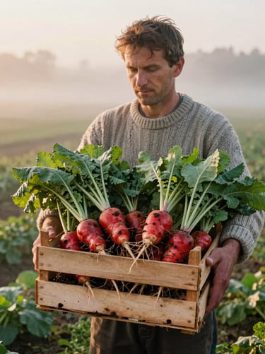 A local farmer in a knitted sweater holding a wooden crate overflowing with fresh, dirt-dusted root vegetables in a misty field at sunrise, soft golden hour light.