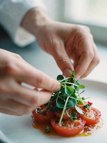 Close-up macro shot of chef hands carefully plating a delicate microgreen garnish on a rich crimson heirloom tomato dish, soft daylight from a kitchen window, shallow depth of field, 35mm film style.