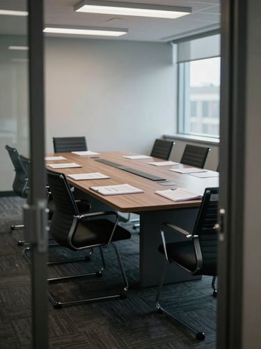 Wide shot of a modern corporate meeting room from the doorway, overcast north-facing daylight falling across an empty conference table with open compliance binders and printed spreadsheets, chairs slightly pulled out, no people, cool ambient light, documentary framing