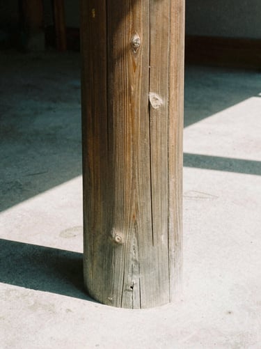Architectural film photography, tight geometric crop of a weathered Douglas fir timber column showing rich grain texture, casting a sharp shadow on a polished concrete floor.