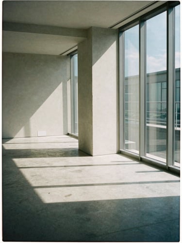 Interior of a minimalist modernist condo with polished concrete floors, steel window frames, and sharp geometric shadows.
