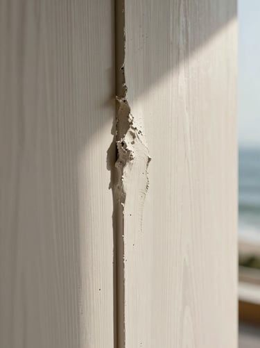 A macro photograph of raw, hand-applied plaster texture meeting a soft-grained white oak panel, illuminated by warm, diffused coastal light.