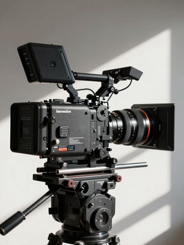 Extreme close-up of a high-end cinema camera rig on a minimalist studio set, harsh direct sunlight, sharp shadows.