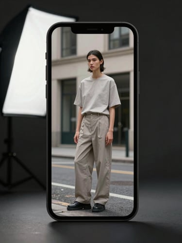 A vertical smartphone screen displaying raw vertical video of a model in minimalist streetwear against urban architecture, studio flash lighting.