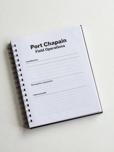 Close overhead shot on a plain off-white surface under diffuse daylight: a spiral-bound Port Chaplain field operations manual open to a chapter page, no hands, clean matte background
