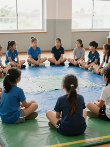 Children sitting in a circle on colorful gym mats during a team-building workshop, soft natural window light, friendly atmosphere, 35mm lens