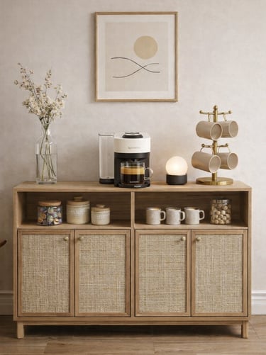 Modern home coffee station with Nespresso machine, mugs, and decor on a wood and rattan cabinet.