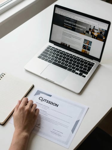 Overhead flat-lay on a clean white desk: a laptop open to a course module screen, a printed certificate beside it, a hand resting on a notebook, natural window light from the upper left, tight crop showing only the surface and materials