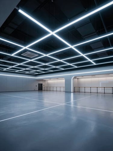 A wide-angle landscape shot of a futuristic indoor sports training facility in North America. The architecture is minimal with sharp lines, illuminated by long sky blue LED strips. The floor is a polished dark grey, reflecting the high-tech ceiling structure. Empty, silent, and atmospheric.