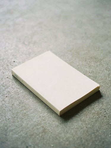 A simple book lying on a raw concrete surface, soft morning light, minimalist film photography, muted earthy tones, quiet contemplative mood, 35mm