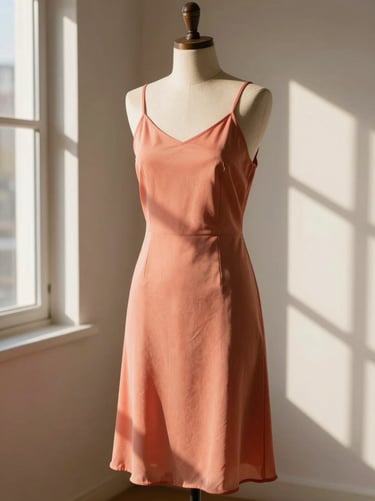 A soft coral slip dress draped on a minimalist dress form, warm morning sunlight filtering through studio windows.