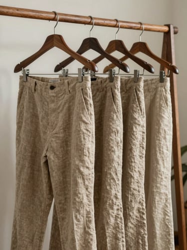 A collection of relaxed-fit linen trousers in sand beige hanging on a raw timber clothing rack, Tampa studio background.