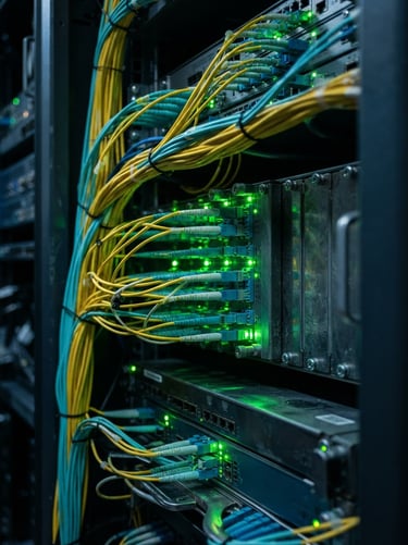Macro shot of physical server rack fiber optic cabling with green status LED lights reflecting off metal chassis, cool-toned industrial style