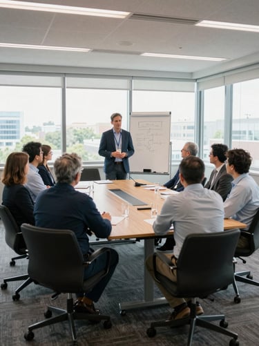 Wide shot of a conference room mid-session, Randy Wilinski at a whiteboard with a small group of professionals around a table, natural daylight through office windows, documentary framing