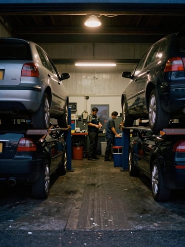 A busy independent garage forecourt in the UK with cars on ramps, mechanics working in the background, warm overhead shop lights, authentic atmosphere