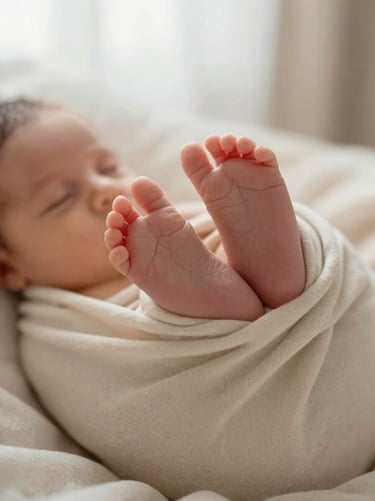 A tiny newborn baby sleeping peacefully wrapped in a soft beige organic cotton blanket, macro detail of baby feet