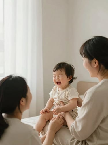 Spontaneous laughter between parents and a toddler in a bright minimalist room, natural emotions