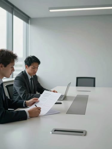 Wide environmental shot of a modern boardroom learning space, left side, two professionals reviewing a printed framework document on a clean table under diffused north-facing window light, minimal and quiet