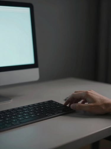 Lifestyle photography of a South American designer working at a high-end minimalist desk. The scene is captured in soft focus, with a palette of blacks, greys, and a hint of baby blue from a monitor screen. Sophisticated and modern mood.