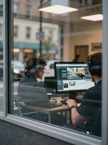 A bustling North American urban street scene seen through the large glass window of a modern agency. Inside, a blurred figure of a professional is working on a digital storyboard, capturing a dynamic, fast-paced storytelling environment.