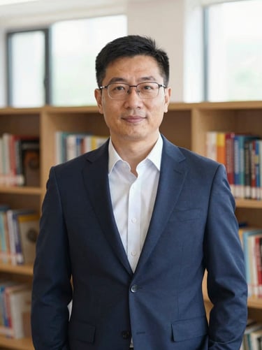 Professional portrait of a distinguished school headmaster in a navy suit, warm library setting with bookshelves behind, soft window light, 35mm editorial