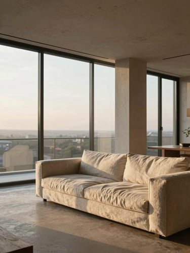 Architectural penthouse living room, floor-to-ceiling windows, soft golden-hour warmth, tactile linen sofa, 35mm.