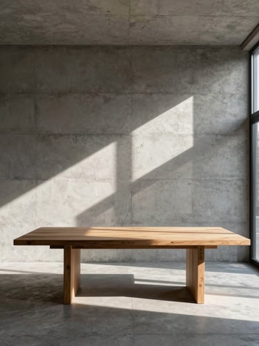 Minimalist concrete loft interior, dramatic natural sunlight casting sharp shadows, warm oak dining table, 35mm.