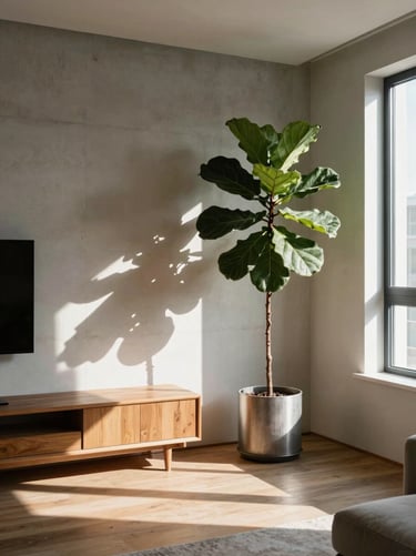 Mid-century modern studio apartment, sun-drenched corner with a large fiddle-leaf fig, brushed steel accents, 35mm.