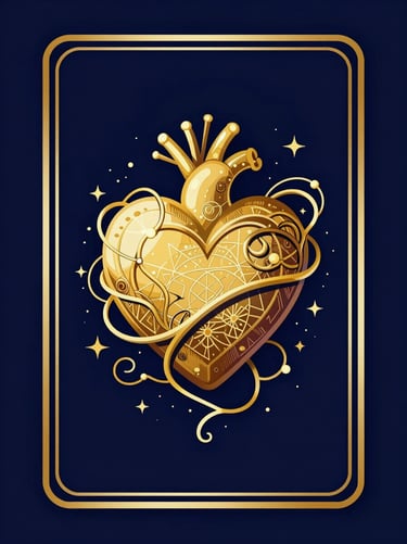 Mystical tarot card illustration representing love, a golden heart intertwined with celestial vines, midnight blue background, vector art