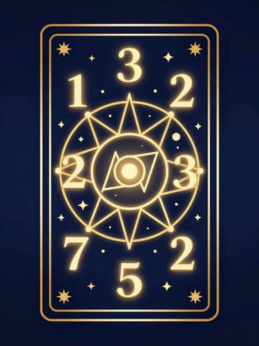 Mystical tarot card illustration representing numerology, glowing golden geometric numbers and stars, midnight blue background, vector art